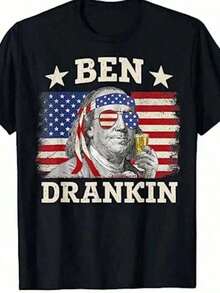 1 Piece Ben Drankin Funny T-Shirt For The 4th Of July, Humorous, Patriotic, Memorial Day, 100% Cotton, 180g, JPG - 黑色 - 查看 6