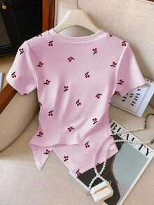 de manga corta con pliegues y bajo asimétrico de unicolor casual para mujer, verano - Rosa - Ver 2