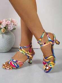 Neon Color Block Criss-Cross Strap High Heel Sandals, Eye-Catching Sexy Style - Iridescent - View 5