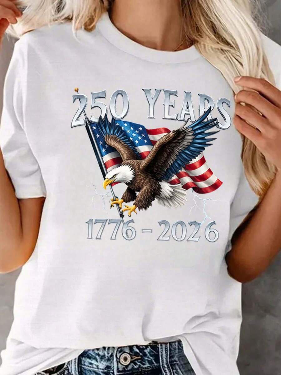Camiseta de gran tamaño con diseño de la bandera de los Estados Unidos y patrón de águila, 230 años 1776-2026, para el Día de San Valentín/Día del Carnaval/Día de la Amistad/Domingo de Pascua/Año Nuevo/Ramadán, múltiples estilos fáciles de usar (sin pantalones). - Blanco - Ver 1