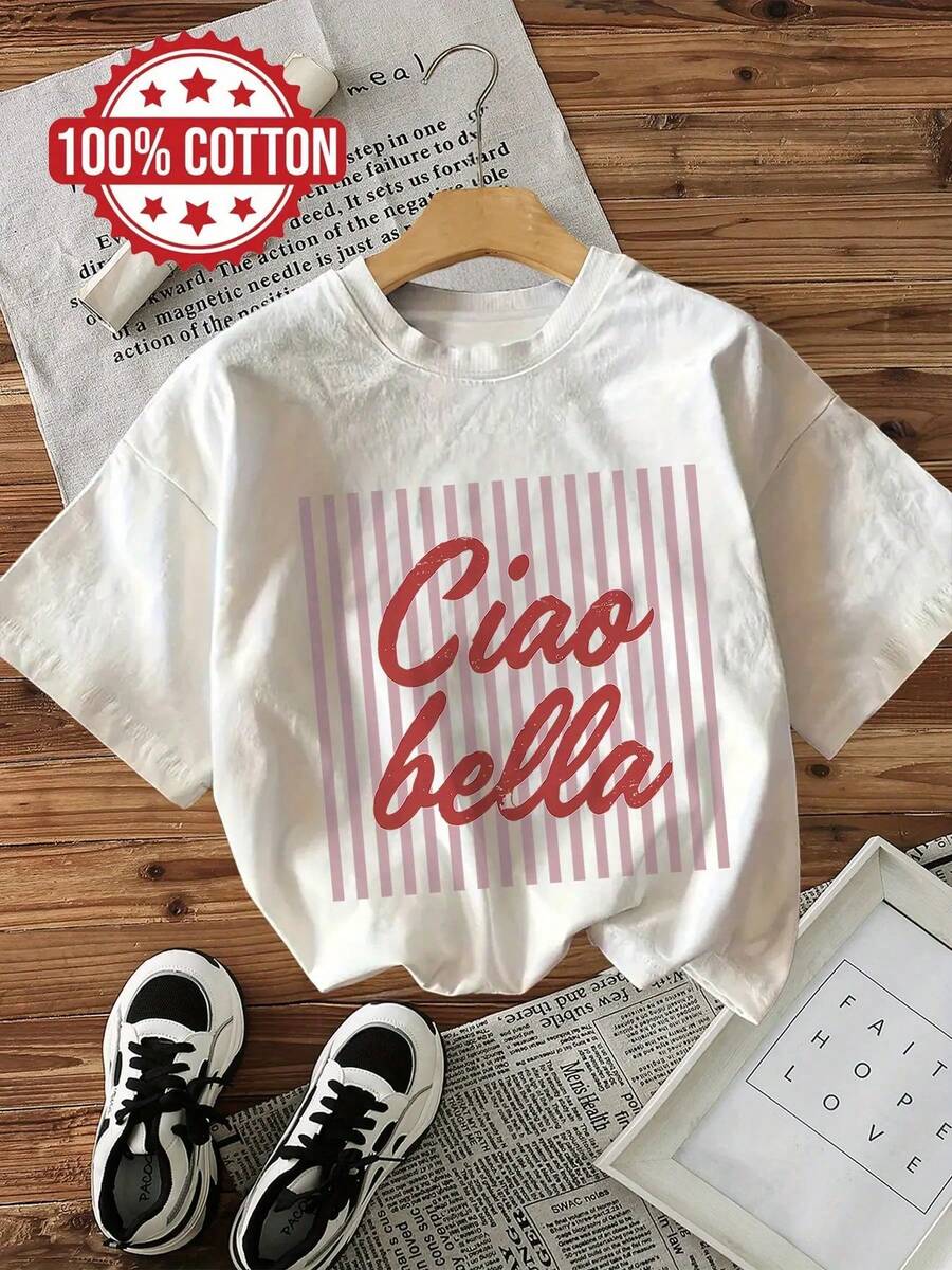 Women's 'Ciao Bella' Graphic T-Shirt - Casual Short Sleeve Striped Print T-Shirt, White With Red And Pink Stripes, Lightweight And Breathable For Casual Outfits, Women's T-Shirts - 白色 - 查看 1
