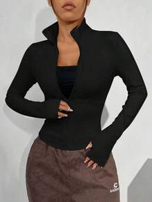 Chaqueta de manga larga de punto ajustada con protección solar para mujer en otoño/invierno, color albaricoque - Negro - Ver 6