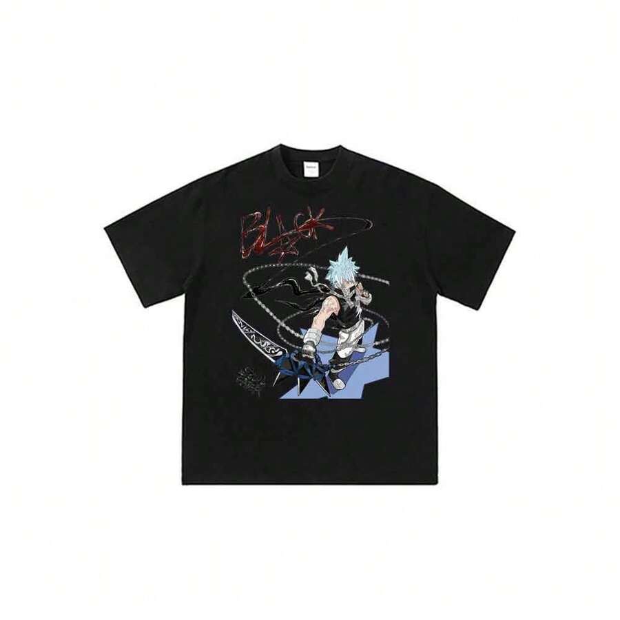 Camiseta unisex de manga corta ligera con estampado de figura clásica de Souls Eaters Black Star, ideal para el verano. - Negro - Ver 1