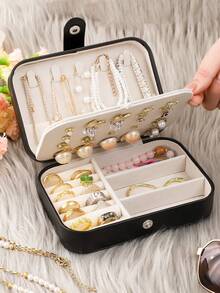 1pc Portable Jewelry Box, Snap Closure Jewelry Storage Box, Makeup Box, Zipper Jewelry Gift Box, Multi-Layer Compartment Storage Box, Travel Jewelry Box, Vanity Storage Box, Room Decor - Multicolor - View 4