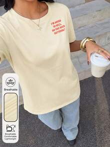 大码女式“我要下地狱”图案圆领短袖休闲夏季上衣，杏色“我要下地狱”字母女式T恤 - 杏色 - 查看 4