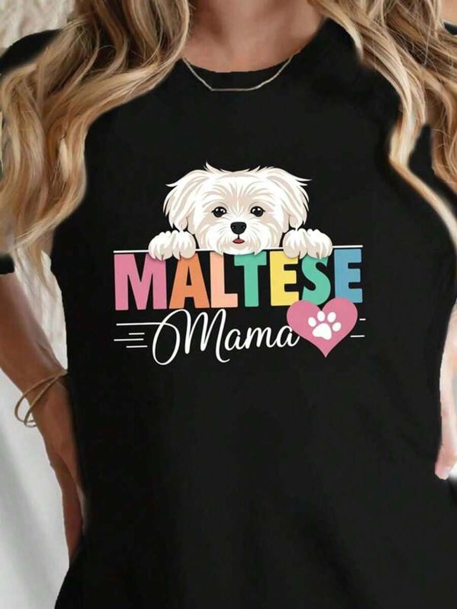 Camiseta Unisex Negra para Amantes de Perros Maltés - Estampado de Mamá Maltés y Perros Maltés, Manga Corta y Cuello Redondo, Cómoda para Hombres y Mujeres, Ideal para Uso Diario en Todas las Estaciones, Playa, Camping, Pieza de Estilo para Dueños de Perros