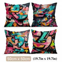 Set de 4 fundas de cojín con estampado abstracto de graffiti, impresas por un solo lado, adecuadas para la sala de estar, el dormitorio, la decoración del hogar, todo el año - Multicolor - Ver 17