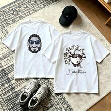 2-Piece Couple Matching Pattern T-Shirt, 100% Cotton, Loose Fit, Soft And Breathable, Casual Round Neck Short Sleeved Top Tropical Vibes Sunset Palm Tree Guitar Flowers Ocean Versatile Patterns No Picky Combinations Coordinated Dating Casual Travel Simple And Cartoonish Printing Styles High - 白色 - 查看 1