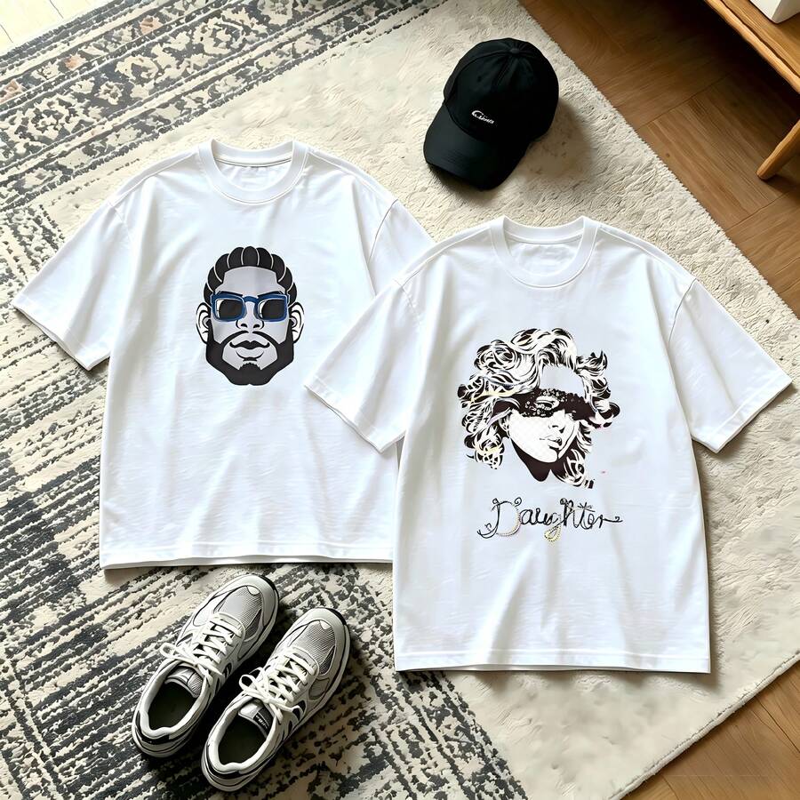 2-Piece Couple Matching Pattern T-Shirt, 100% Cotton, Loose Fit, Soft And Breathable, Casual Round Neck Short Sleeved Top Tropical Vibes Sunset Palm Tree Guitar Flowers Ocean Versatile Patterns No Picky Combinations Coordinated Dating Casual Travel Simple And Cartoonish Printing Styles High - 白色 - 查看 1