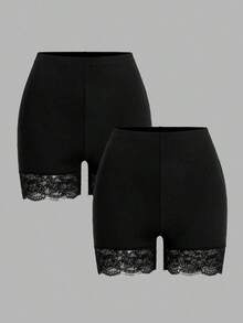 Conjunto de 2 Piezas de Leggings de Encaje en Contraste para Mujer Talla Grande, Verano - Negro - Ver 1
