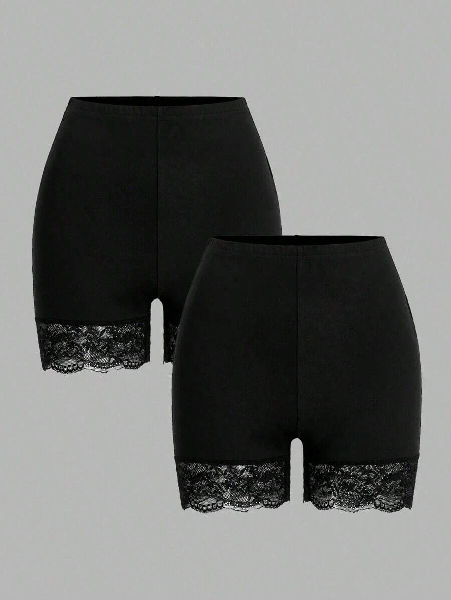 Conjunto de 2 Piezas de Leggings de Encaje en Contraste para Mujer Talla Grande, Verano - Negro - Ver 1