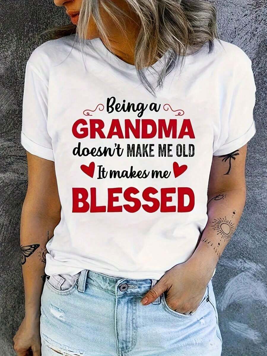 Women's Casual T-Shirt With "Being A Grandma" Letter Print - Comfortable, Casual, Short Sleeve, And Crew Neck For Everyday Wear And Stylish Outfits. 100% Cotton. Durable. - 白色 - 查看 1