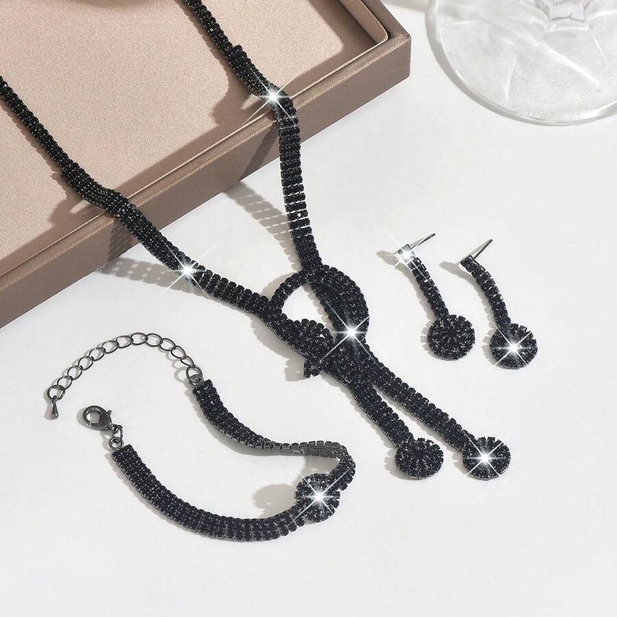 Bộ trang sức 4 món - Dây chuyền, bông tai, vòng tay, họa tiết hình thoi, thích hợp cho tiệc tùng, cô dâu, Lễ Tạ ơn. - màu đen - Xem 1