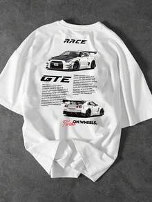 -Men's Shirt With Car Motif, Racing-Themed Printed T-Shirt, Short-Sleeved Casual Streetwear Style Top, Suitable For Casual Outfits Of Car Enthusiasts, -Round Neck Shirt With Slightly Dropped Shoulders, Men's Summer Outfit. - White - View 2