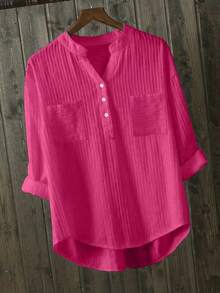 Camisa casual de talla grande con cuello con muesca, botones, bolsillo y mangas enrollables - Rosa Fucsia - Ver 1