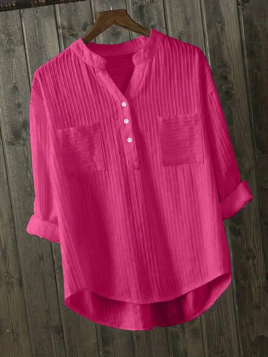 Camisa casual de talla grande con cuello con muesca, botones, bolsillo y mangas enrollables - Rosa Fucsia - Ver 1