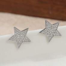 Luxury Copper Carved Five-Pointed Star Earrings, Inlaid Synthetic Zirconia Earrings, Unisex, Hip-Hop Earrings As Gifts For Boyfriend/Girlfriend - Silver - View 2