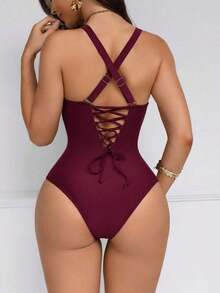 Traje de baño de una pieza con control de abdomen y push-up, con parches de color marrón, cordón de ajuste elegante y sexy, para fiestas y piscina - Burdeos - Ver 7
