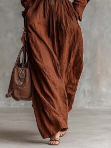 Solapa de cremallera de mujer, cintura elástica, vestido largo de vacaciones, estilo de vestir de mujer - Café - Ver 3