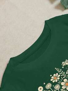 Camiseta de manga corta con estampado floral casual para mujer, camiseta de cuello redondo lisa con encantador patrón de flores para el ocio de las mujeres, color negro - Verde Oscuro - Ver 4