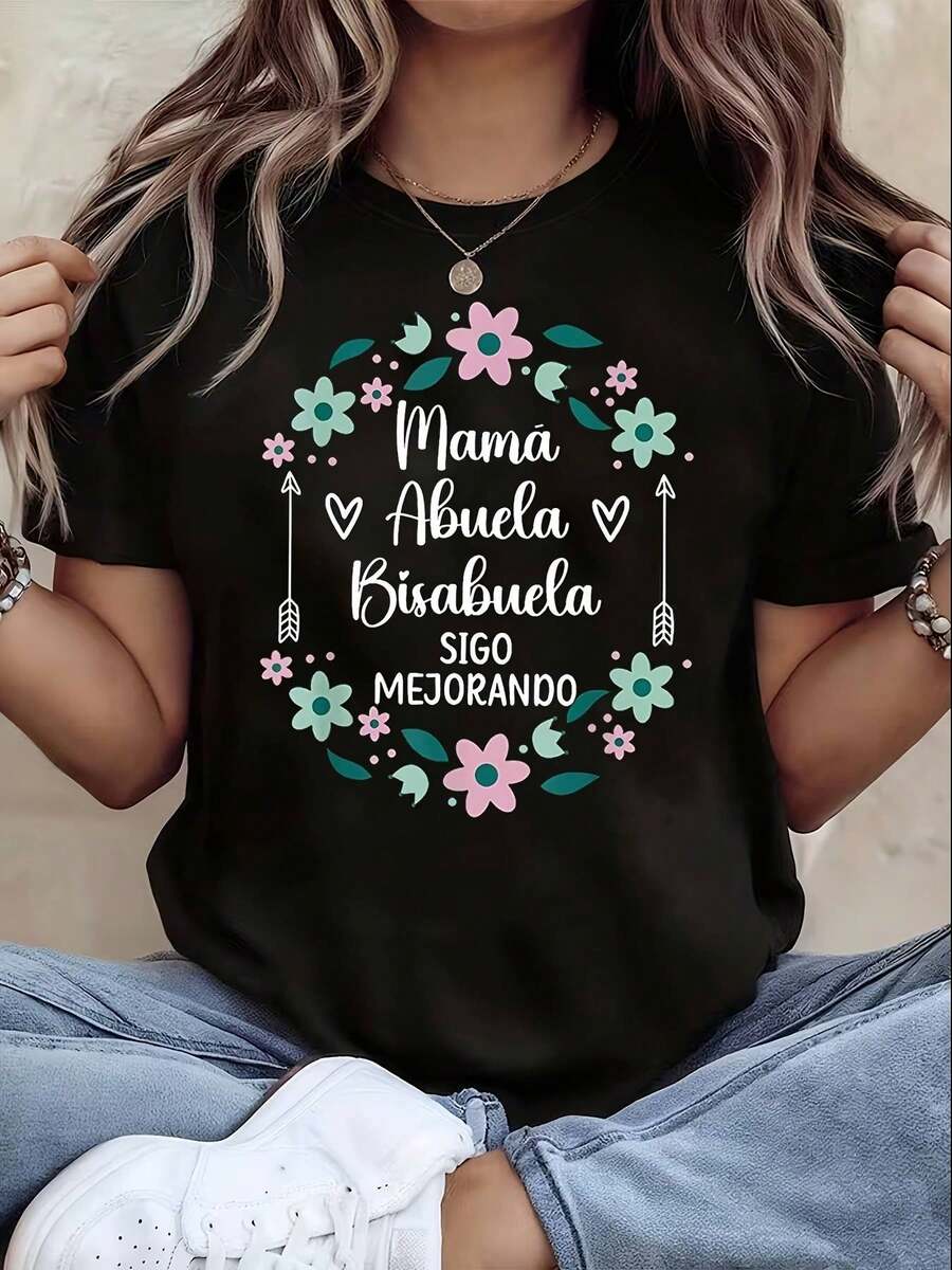 Elegant Spanish "Mam£ Abuela Bisabuela I CONTINUE BETTER" Floral Arrow Letter Print Women''S Crew Neck T-Shirt | Casual Style, Medium Stretch Fabric, Regular Fit, Spring/Summer/Fall Season - 黑色 - 查看 1