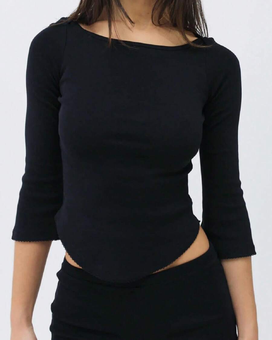 Women's 3/4 Sleeve Crop Tops Boat Neck Curved Hem Slim Fit Raglan Contrast Trim Casual Vintage Lace Trim Spring Summer Daily Wear Streetwear Basic Tee - 黑色 - 查看 1