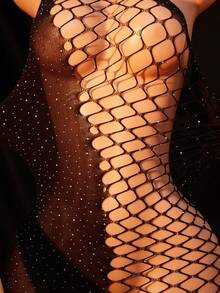 1pc Women Sexy Lingerie One Shoulder Black Fishnet Mini Dress Rhinestone Mesh Bodycon Sheer Club Party Outfit - Black - View 4