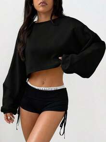 Women's Loose-Fitting Solid Color Crop Top, Black, Spring - Hitam - View 3