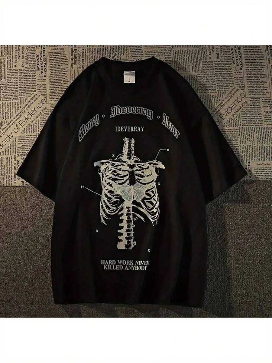 Camiseta Grunge Estética para Mujer, Estampado de Esqueleto Gótico, Manga Corta, Camisetas para Mujer, Moda Oscura, Ropa Urbana, Camisetas Gráficas, Tallas Grandes