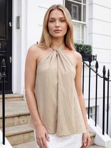 Women Tie-Up Halter Tops Loose Solid Color Sleeveless Open Back Ruffled Shirts Stylish Summer Streetwear - Khaki - View 1
