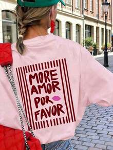 1 Women's Summer T-Shirt, Loose Fit, Round Neck, Short Sleeve, Striped Print With The Phrase "MORE LOVE PLEASE", Suitable For Parties, Holidays, Office, Daily Wear, Dates, Meetings, Streetwear, A Casual Summer Basic. - 糖果粉紅色 - 查看 1