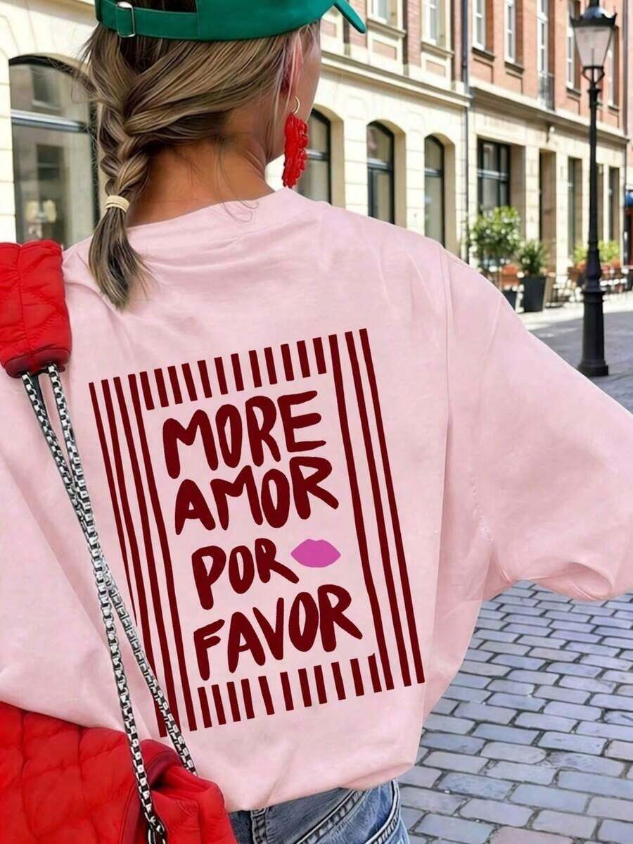 1 Women's Summer T-Shirt, Loose Fit, Round Neck, Short Sleeve, Striped Print With The Phrase "MORE LOVE PLEASE", Suitable For Parties, Holidays, Office, Daily Wear, Dates, Meetings, Streetwear, A Casual Summer Basic. - 糖果粉紅色 - 查看 1