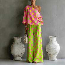 Women's Polka Dot Two-Piece Outfit, One Shoulder Top & High Waist Wide Leg Pants, Bold Color Block Set - Color - View 2
