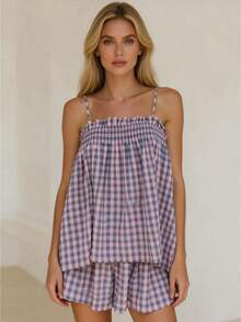 Conjuntos de 2 piezas para mujeres de lounge sin mangas con top tipo camisola a cuadros y pantalones cortos de pierna ancha - Morado - Ver 7