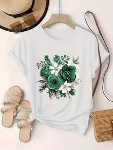 Round Neck T-Shirt With Floral Print, Casual Short Sleeve Top. A Very Distinctive Printed T-Shirt / Unisex Style / Suitable For Both Men And Women / Wrinkle Resistant / Breathable - 黑色 - 查看 8