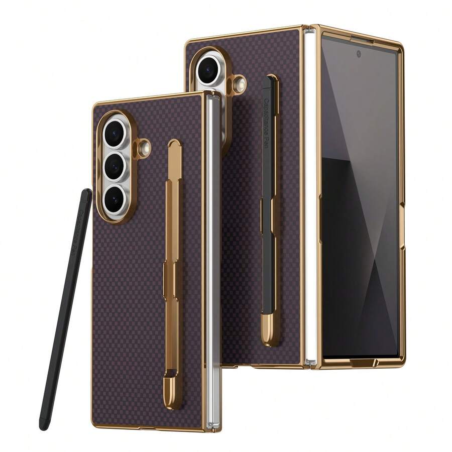 VIETAO 電鍍設計內置筆手機殼,適用於 Galaxy Z Fold 8 Ultra 7 6 5 4,碳纖維紋理手機保護殼 - 紫色 - 查看 1