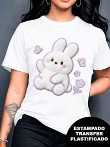 Soft, Soft Printed T-Shirt With A Rabbit Design, Plush Effect And Embroidery But It's A Print, Printed Design, Colorful, Modern, Casual T-Shirt, Round Neck, Short Sleeves, Ideal For Everyday Wear, Loose, Fashionable, For Everyday Wear, Blouses For Women, Blouses For Women - 白色 - 查看 1