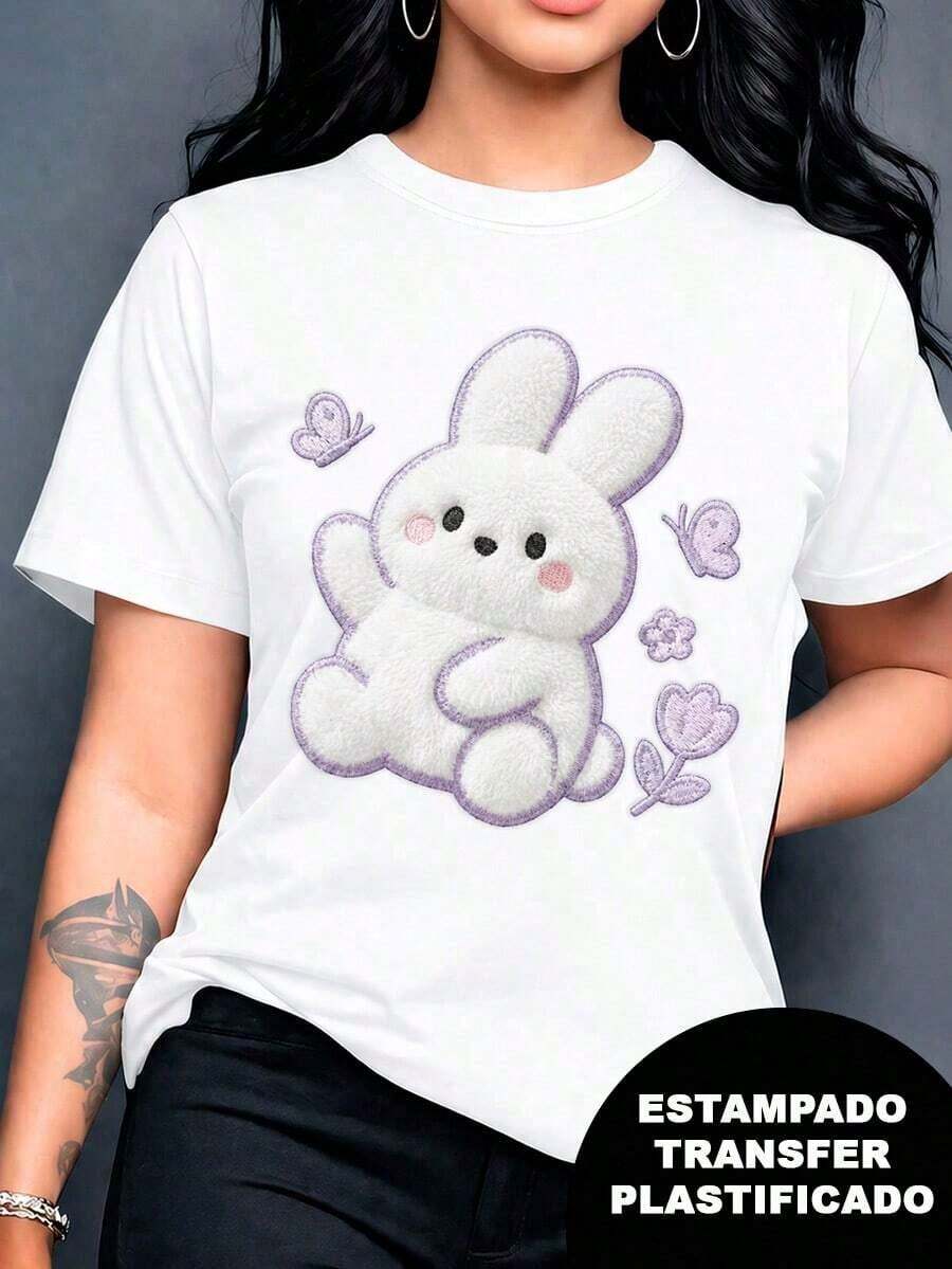 Soft, Soft Printed T-Shirt With A Rabbit Design, Plush Effect And Embroidery But It's A Print, Printed Design, Colorful, Modern, Casual T-Shirt, Round Neck, Short Sleeves, Ideal For Everyday Wear, Loose, Fashionable, For Everyday Wear, Blouses For Women, Blouses For Women - 白色 - 查看 1