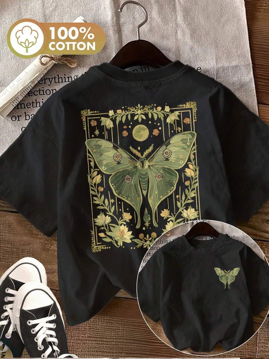 Limited Edition: Women's Casual Summer T-Shirt With Vintage Style Double-Sided Moth And Plant Print, Round Neck, Short Sleeve, Lightweight Cotton - 黑色 - 查看 1