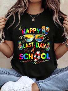 "Happy Last Day Of School" T-Shirt For Teachers And Students, Vintage Style, Short Sleeve, Cotton, For Men And Women, Casual Urban Wear, Summer Outfit, Gift For Humor Lovers, For Parties And Everyday Wear - 黑色 - 查看 6