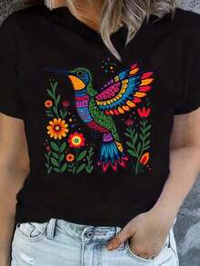 ️ Playera Negra de Algodón para Mujer Estampada "Colibrí Multicolor con Flores Vibrantes en Estilo Arte Folklórico Mexicano" 100% Cotton Blusas Bonito - Negro - Ver 1