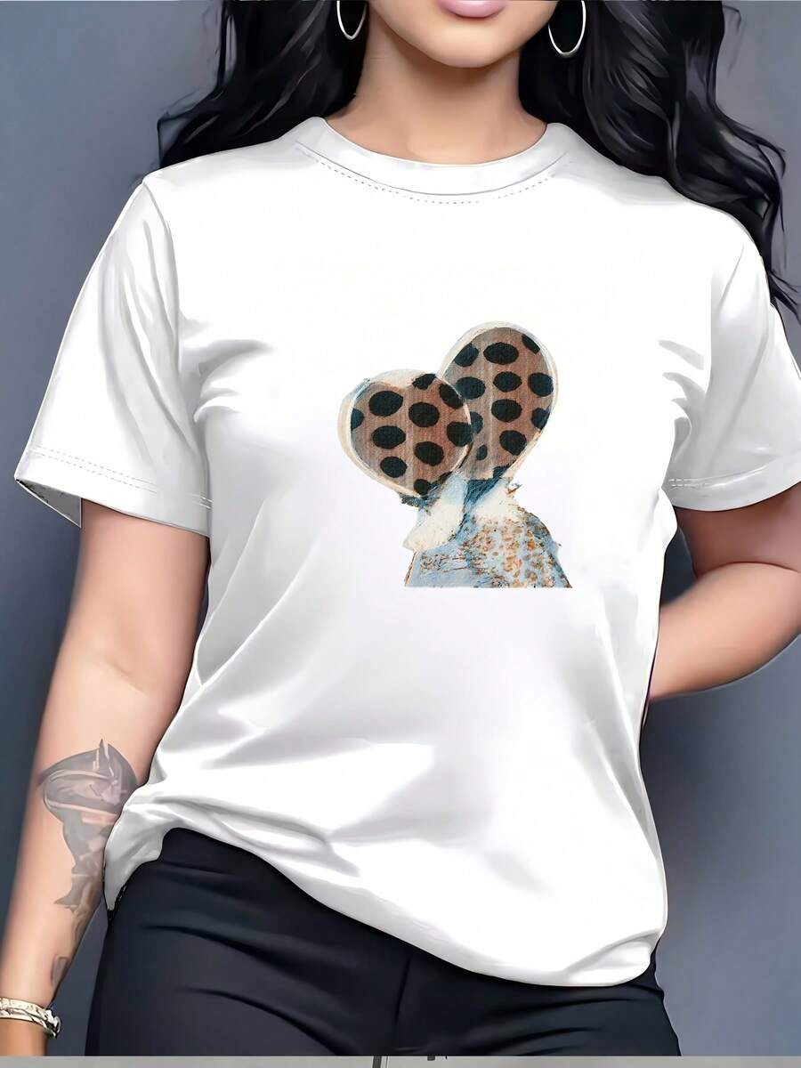 Women's 180g T-Shirt | Heart Print Crew Neck T-Shirt For Valentine's Day | Comfortable And Stylish | Loungewear And Office Wear | Summer Wear - Unisex Short Sleeve Crew Neck Loose Fit Cotton T-Shirt, Vintage Urban Style - 白色 - 查看 1