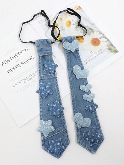 1 chiếc cà vạt kẹp thời trang unisex kiểu denim, trang trí hình ngôi sao và trái tim, kiểu dáng giản dị, đa năng, phù hợp cho mặc hàng ngày, dự tiệc hoặc phối đồ.