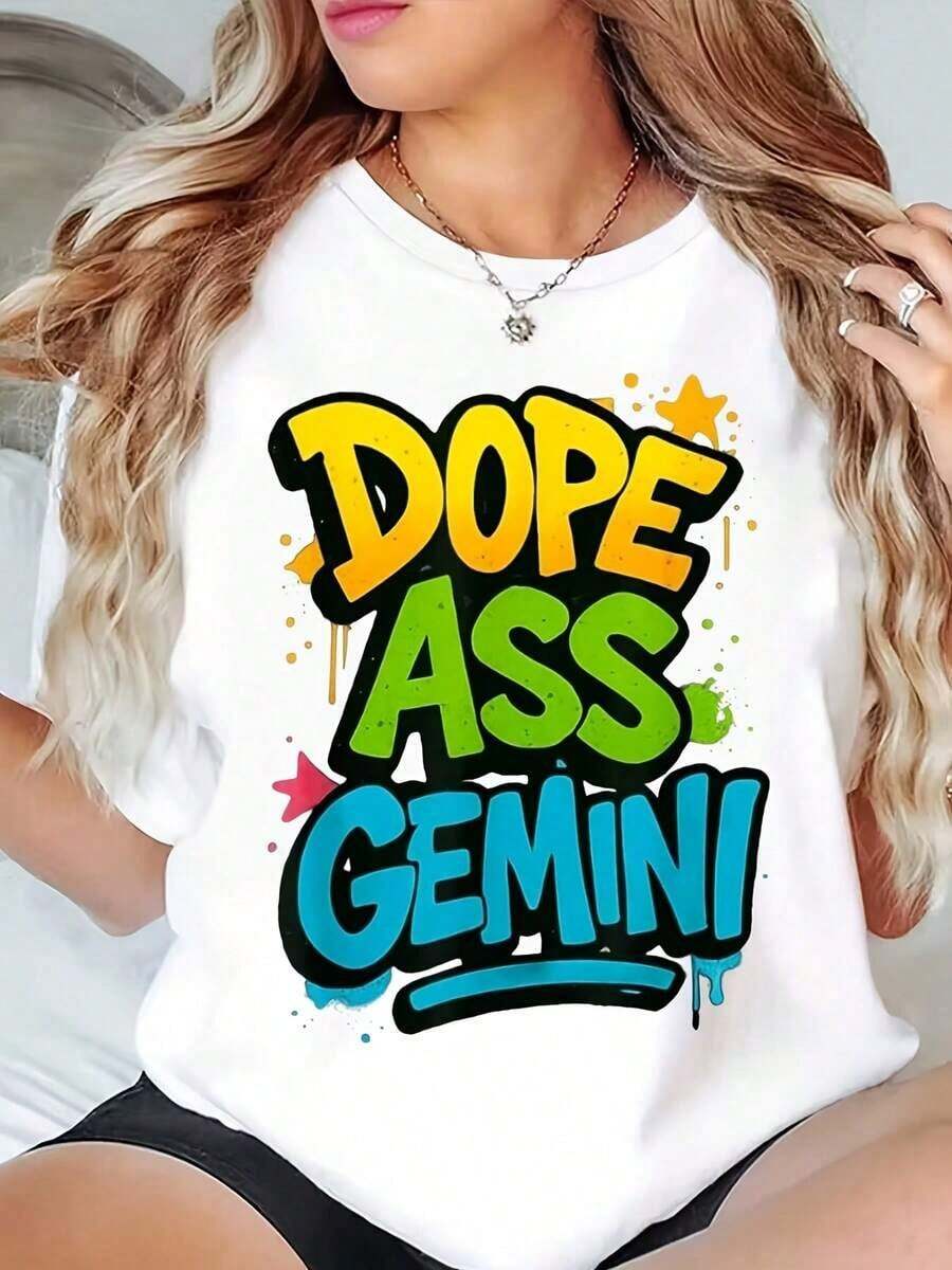 Casual Wear Unisex Graphic Print T-Shirt Dope A Ss Gemini, Round Neck, For Casual Wear, Party Outfits And For Zodiac Lovers, Clothing For All Four Seasons, Daily Leisure Wear, Gift For Family And Friends, Bohemian T-Shirt, Blouses For Women>Shirt - 白色 - 查看 1