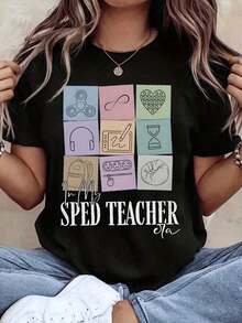 Camiseta de manga corta para mujer, camiseta de cuello redondo para mujer, estampado gráfico de asistente de profesor de educación especial, profesor de educación especial, ropa casual de manga corta para la escuela y el uso diario. - Negro - Ver 5