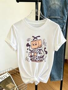 Women's T-Shirt: White Printed T-Shirt For Women, Featuring A Cartoon Character Holding A Coffee And The Slogan "Good Person", In An Urban Street Graffiti Style, Perfect For Casual Beach Holidays, Music Festivals And Creative Social Gatherings. - 白色 - 查看 3