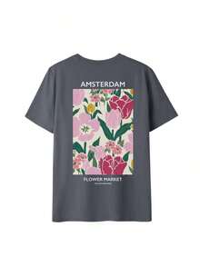 Camiseta de manga corta beige con cuello redondo, estampado floral y de letras, estilo casual, holgada y versátil para mujer, ideal para el verano y el uso diario, color blanco. - Gris Oscuro - Ver 2