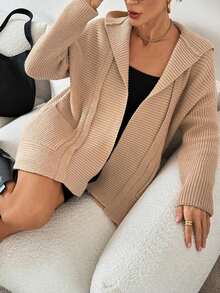 Suéter con capucha mullido de mujer, cardigan largo de esenciales de otoño/invierno, suéter con capucha de manga larga color caqui, cardigan con capucha para mujer, informal para uso diario - Caqui - Ver 3
