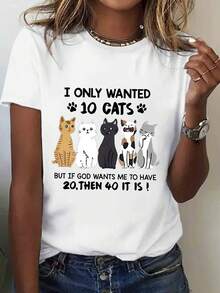 One-Piece T-Shirt, 100% Cotton, With Five Kitten Print, Seasonal Casual T-Shirt For Women, Round Neck And Short Sleeve, Suitable For Outdoor Activities And As A Holiday Gift, Casual Wear. - 白色 - 查看 5