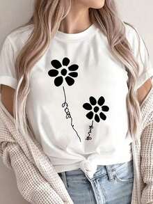 short sleevesCamiseta de manga corta para mujer con estampado floral para verano, hecha de tela cómoda y transpirable, perfecta para un estilo casual, ideal para primavera y veranoLeisure - Blanco - Ver 7